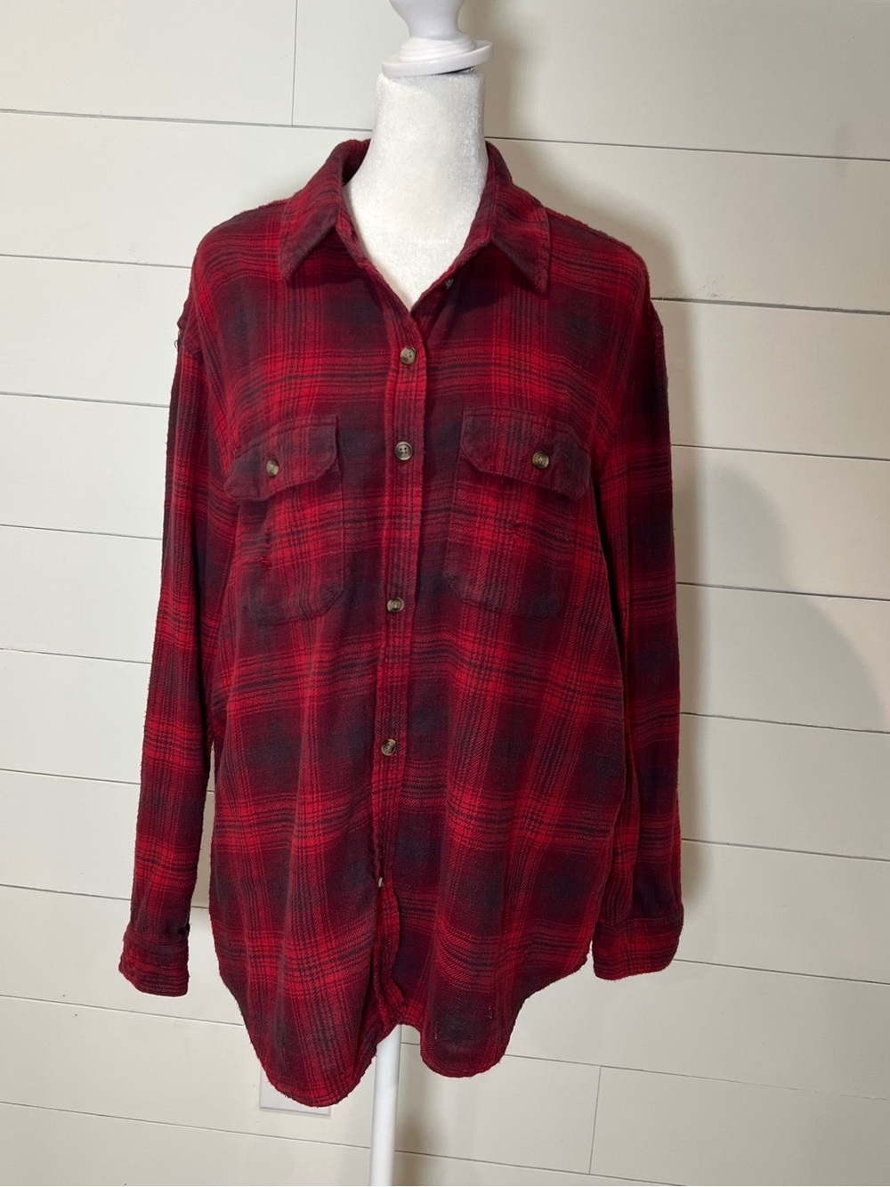 American Eagle Distressed Red Plaid Button-Down Shirt